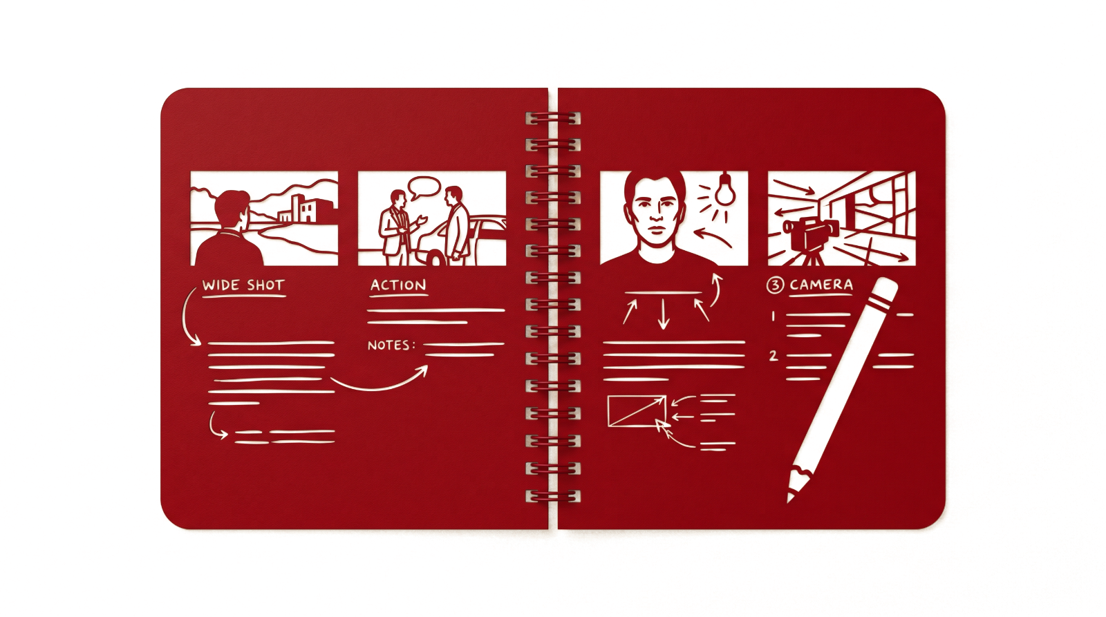 Carnet de réalisateur ouvert sur des cases de storyboard