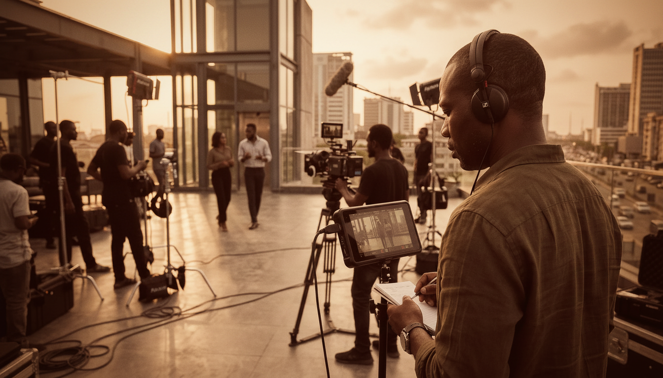 Réalisateur sur tournage en extérieur, équipe et caméra au crépuscule
