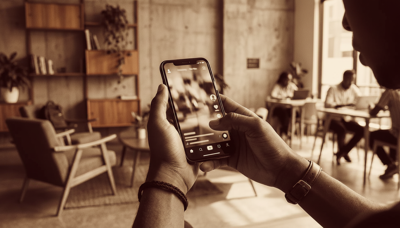 Mains tenant un smartphone, fil d'actualité réseaux sociaux en gros plan