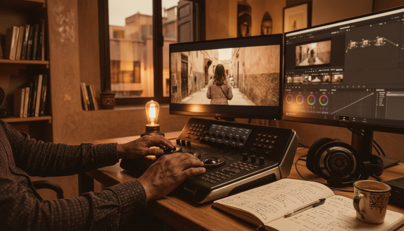 Coloriste en studio de post-production, console étalonnage et moniteurs
