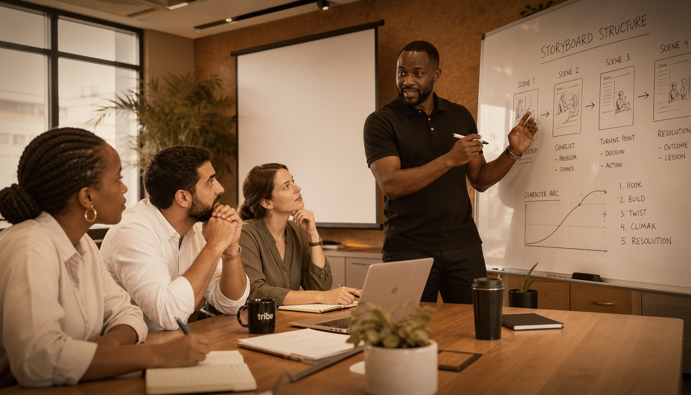 Formateur devant un tableau storyboard face à un atelier en groupe